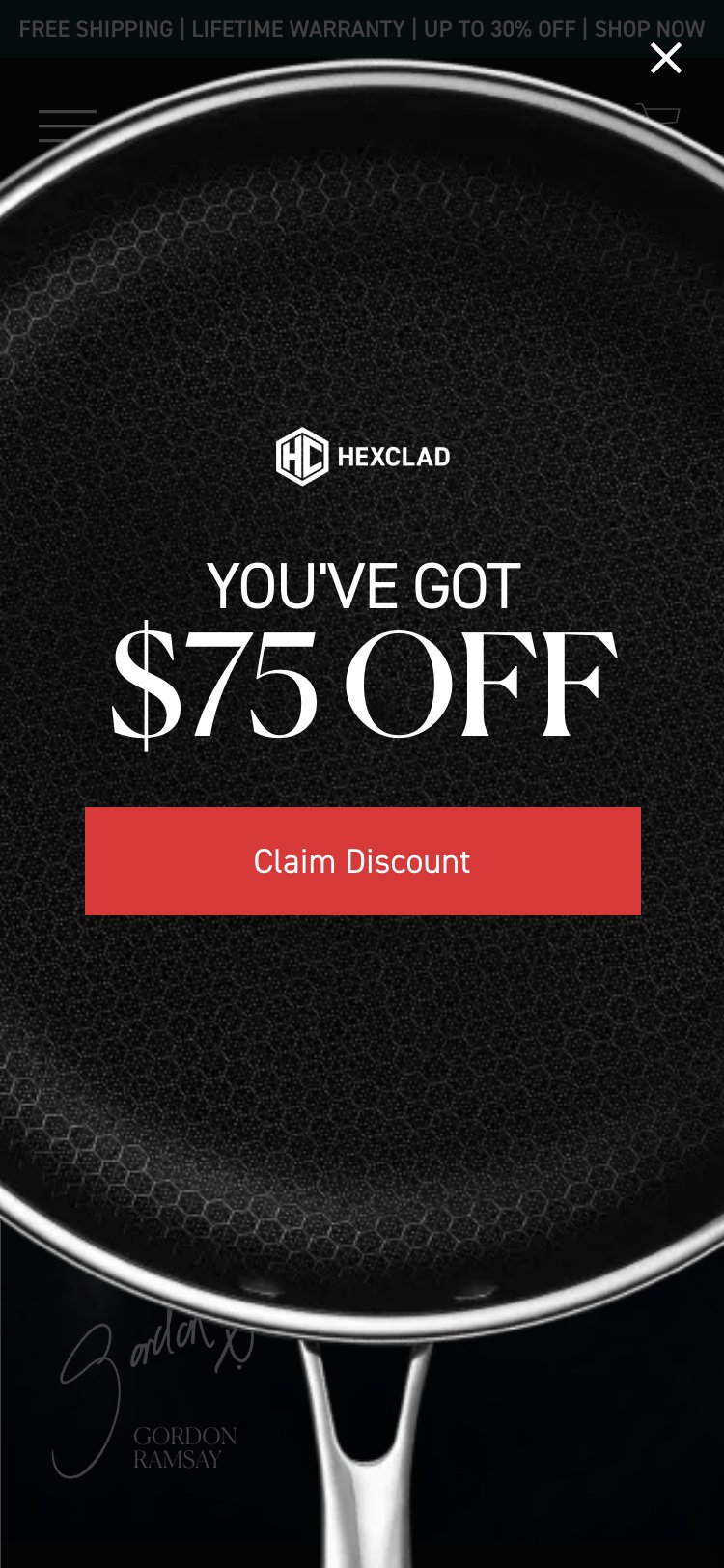 HexClad — Email Popup with $75 Discount Offer